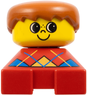 LEGO Duplo 2 x 2 x 2 Figure Brick Red Base with Blue Argyle Sweater Pattern Dark Orange Male Hair (2327pb08) Duplo Minifigure