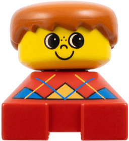 Duplo 2 x 2 x 2 Figure Brick, Red Base with Blue Argyle Sweater Pattern, Yellow Head with Freckles on Nose, Dark Orange Male Hair