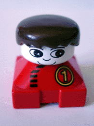 Duplo 2 x 2 x 2 Figure Brick, Red Base with Number 1 Race Pattern, White Head, Black Male Hair
