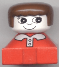 LEGO Duplo 2 x 2 x 2 Figure Brick Red Base with White Collar and Pink Buttons Brown Female Hair (2327pb14) Duplo Minifigure