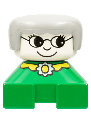 LEGO Duplo 2 x 2 x 2 Figure Brick Grandmother Green Base Gray Hair Yellow Collar with Flower (2327pb23) Duplo Minifigure