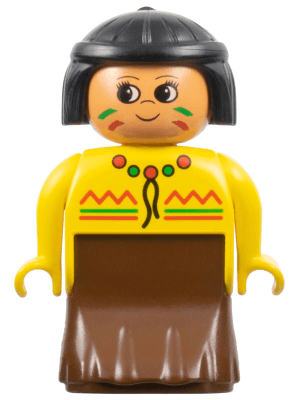 LEGO Duplo Figure Female Lady Brown Dress Yellow Top Black Hair (Native American) (31181pb03) Duplo Minifigure