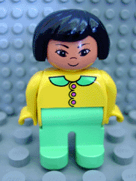 LEGO Duplo Figure Female Yellow Blouse with Light Green Collar and Dark Pink Buttons Black Hair (4555pb003) Duplo Minifigure