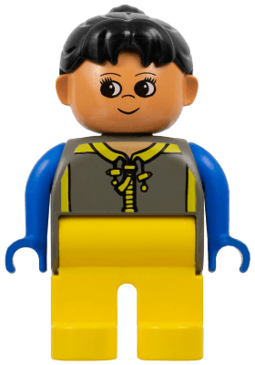 LEGO Duplo Figure Female Dark Gray Top with Yellow Zipper and Blue Arms Black Ponytail (4555pb005) Duplo Minifigure