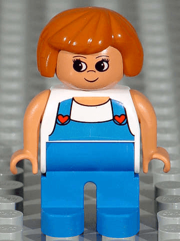 LEGO Duplo Figure Female White Top with Blue Overalls with Red Hearts (4555pb006) Duplo Minifigure