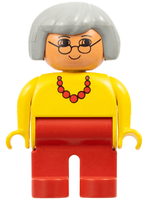 LEGO Duplo Figure Female Yellow Top with Red Necklace Light Gray Hair Glasses (4555pb013a) Duplo Minifigure