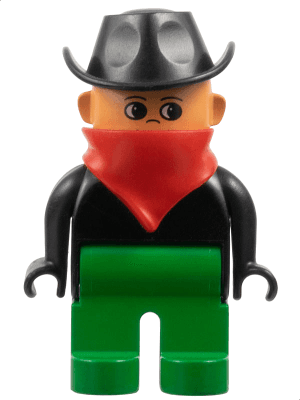 Duplo Figure, Male, Green Legs, Black Top, Red Scarf, Cowboy Hat (Western Bad Guy)