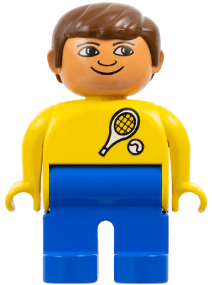 LEGO Duplo Figure Male Yellow Top with Tennis Racket and Ball Pattern Brown Hair (4555pb032) Duplo Minifigure