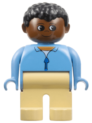 LEGO Duplo Figure Male Blue Zippered Jacket Black Curly Hair (4555pb034) Duplo Minifigure