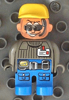 LEGO Duplo Figure Male Action Wheeler Dark Gray Top with ID Badge with Belt Yellow Cap Sunglasse (4555pb037) Duplo Minifigure