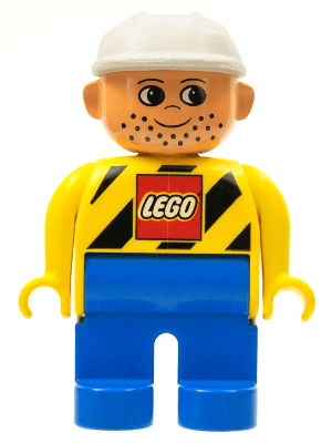 LEGO Duplo Figure Male Yellow Top with LEGO Logo on Black Danger Stripes White Construction Hat (4555pb038) Duplo Minifigure