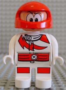 LEGO Duplo Figure Male Action Wheeler White Top with Racer Red Lightning Bolt and Lines (4555pb042) Duplo Minifigure