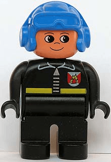Duplo Figure, Male Fireman, Black Legs, Black Top with Fire Logo and Zipper, Blue Aviator Helmet