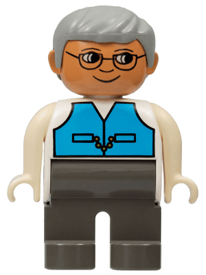LEGO Duplo Figure Male Medium Blue Vest Gray Hair Glasses (4555pb049) Duplo Minifigure