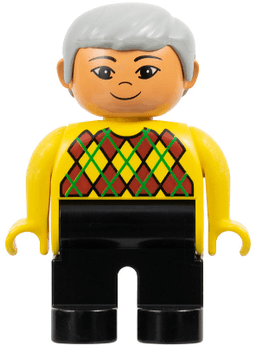 Duplo Figure - Male, Adult Man, Black Legs, Yellow Top with Argyle Pattern, Light Gray Hair, Nougat Head (75499)