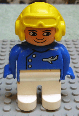 LEGO Duplo Figure Male Blue Top with Plane Logo Yellow Aviator Helmet (Pilot) (4555pb057) Duplo Minifigure