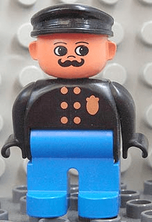 LEGO Duplo Figure Male Police Black Top with Gold Badge Black Hat Turned Up Nose and Round Eyes (4555pb058) Duplo Minifigure