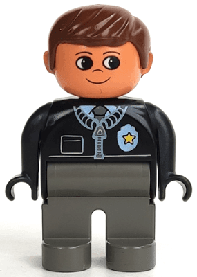 LEGO Duplo Figure Male Police Black Top with Zipper Tie and Badge Brown Hair (4555pb059) Duplo Minifigure