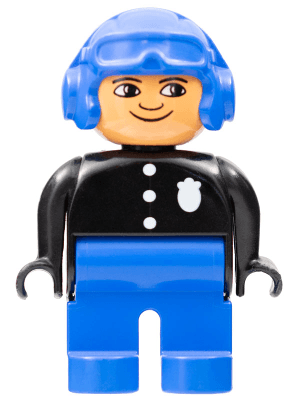 LEGO Duplo Figure Male Police Black Top with 3 Buttons and Badge Blue Aviator Helmet and Nose Bo (4555pb062) Duplo Minifigure