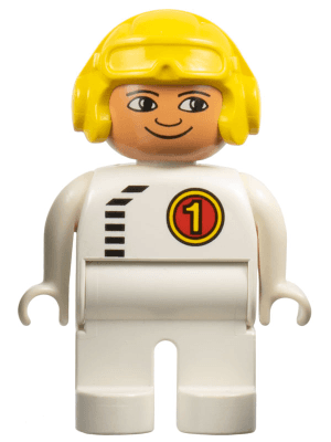 LEGO Duplo Figure Male White Top with Black Zipper and Racer #1 Yellow Aviator Helmet (4555pb066) Duplo Minifigure