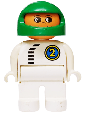 Duplo Figure, Male, White Legs, White Top with Black Zipper and Racer #2, Green Helmet
