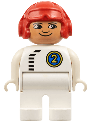 LEGO Duplo Figure Male White Top with Black Zipper and Racer #2 Red Aviator Helmet (4555pb069) Duplo Minifigure