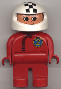Duplo Figure, Male, Red Legs, Red Top with Black Zipper and Racer #2, White Helmet with Checkered Stripe