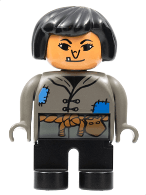 LEGO Duplo Figure Female Dark Gray Top with Blue Patches Black Hair Wart on Nose Tooth (4555pb072) Duplo Minifigure
