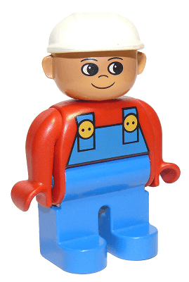 LEGO Duplo Figure Male Red Top with Blue Overalls Construction Hat White Turned Up Nose (4555pb076) Duplo Minifigure