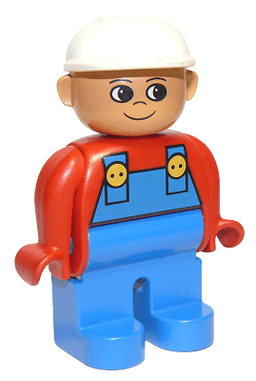 Duplo Figure, Male, Blue Legs, Red Top with Blue Overalls, Construction Hat White, Turned Up Nose
