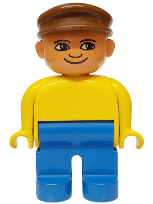 Duplo Figure, Male, Blue Legs, Yellow Top, Brown Cap, with White in Eyes Pattern