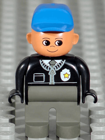 LEGO Duplo Figure Male Police Black Top with Zipper Tie and Badge Blue Cap (4555pb090) Duplo Minifigure