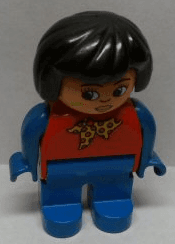 LEGO Duplo Figure Female Red Top with Yellow and Red Polka Dot Scarf Black Hair Turned Down Nose (4555pb099) Duplo Minifigure