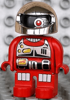 Duplo Figure, Robot Action Wheeler, Red Legs, Utility Belt, Chest Panel, One Red Eye and Silver Helmet