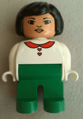 LEGO Duplo Figure Female White Blouse with Red Heart Buttons and Collar Black Hair Lips (4555pb119) Duplo Minifigure