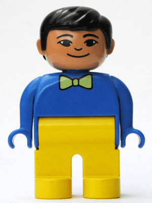 LEGO Duplo Figure Male Blue Top with Light Green Bow Tie Black Hair Grin (4555pb120) Duplo Minifigure