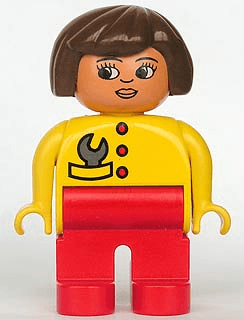LEGO Duplo Figure Female Yellow Top with Red Buttons & Wrench in Pocket Brown Hair Turned Down N (4555pb121) Duplo Minifigure