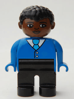 LEGO Duplo Figure Male Blue Top with Buttons and Tie Black Curly Hair (4555pb122) Duplo Minifigure
