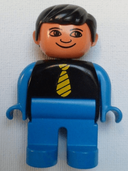 Duplo Figure, Male, Blue Legs, Black Top with Yellow Tie, Blue Arms, Black Hair