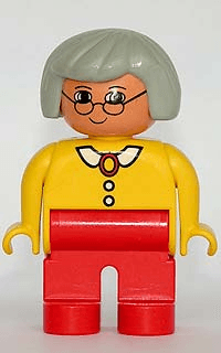 LEGO Duplo Figure Female Yellow Blouse with White Collar and 2 Buttons Gray Hair Glasses (4555pb132) Duplo Minifigure