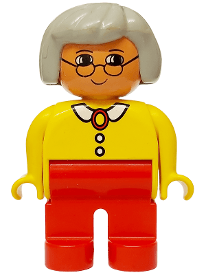 Duplo Figure, Female, Red Legs, Yellow Blouse with White Collar and 2 Buttons, Gray Hair, Glasses