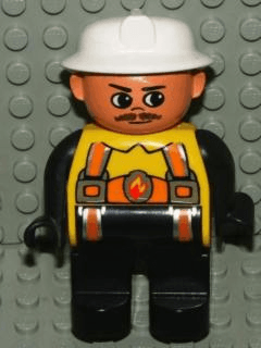 LEGO Duplo Figure Male Fireman Yellow Top with Flame and Orange Suspenders White Fire Helmet Mou (4555pb136) Duplo Minifigure