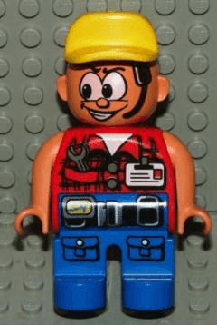 LEGO Duplo Figure Male Action Wheeler Red Vest with Wrench & ID Yellow Cap (4555pb139) Duplo Minifigure