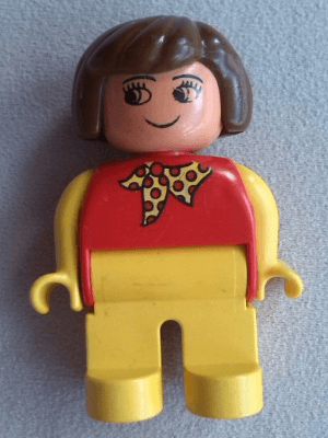 LEGO Duplo Figure Female Red Top with Yellow Polka Dot Scarf Brown Hair Grin (4555pb142a) Duplo Minifigure