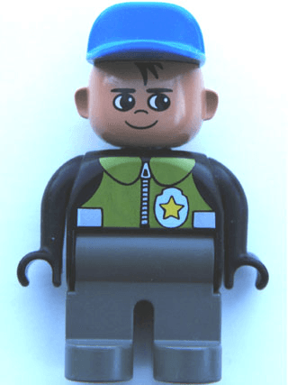LEGO Duplo Figure Male Police Black Top with Pale Green Vest and Police Badge Blue Cap (4555pb143) Duplo Minifigure