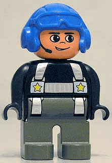 LEGO Duplo Figure Male Police Black Top with Silver Harness and Yellow Stars Headset Blue Aviato (4555pb147) Duplo Minifigure
