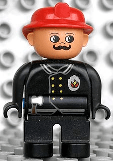 LEGO Duplo Figure Male Fireman Black Top with Flame Logo Red Fire Helmet Moustache (4555pb151) Duplo Minifigure