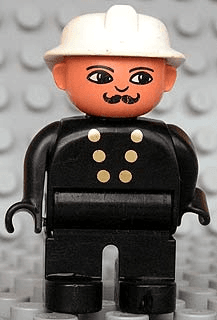 LEGO Duplo Figure Male Fireman Black Top with 6 Gold Buttons White Fire Helmet Moustache (4555pb156) Duplo Minifigure