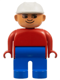 Duplo Figure, Male, Blue Legs, Red Top, White Construction Hat
