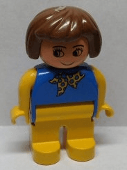 LEGO Duplo Figure Female Blue Top With Yellow and Blue Polka Dot Scarf Brown Hair no Nose no Wh (4555pb160a) Duplo Minifigure